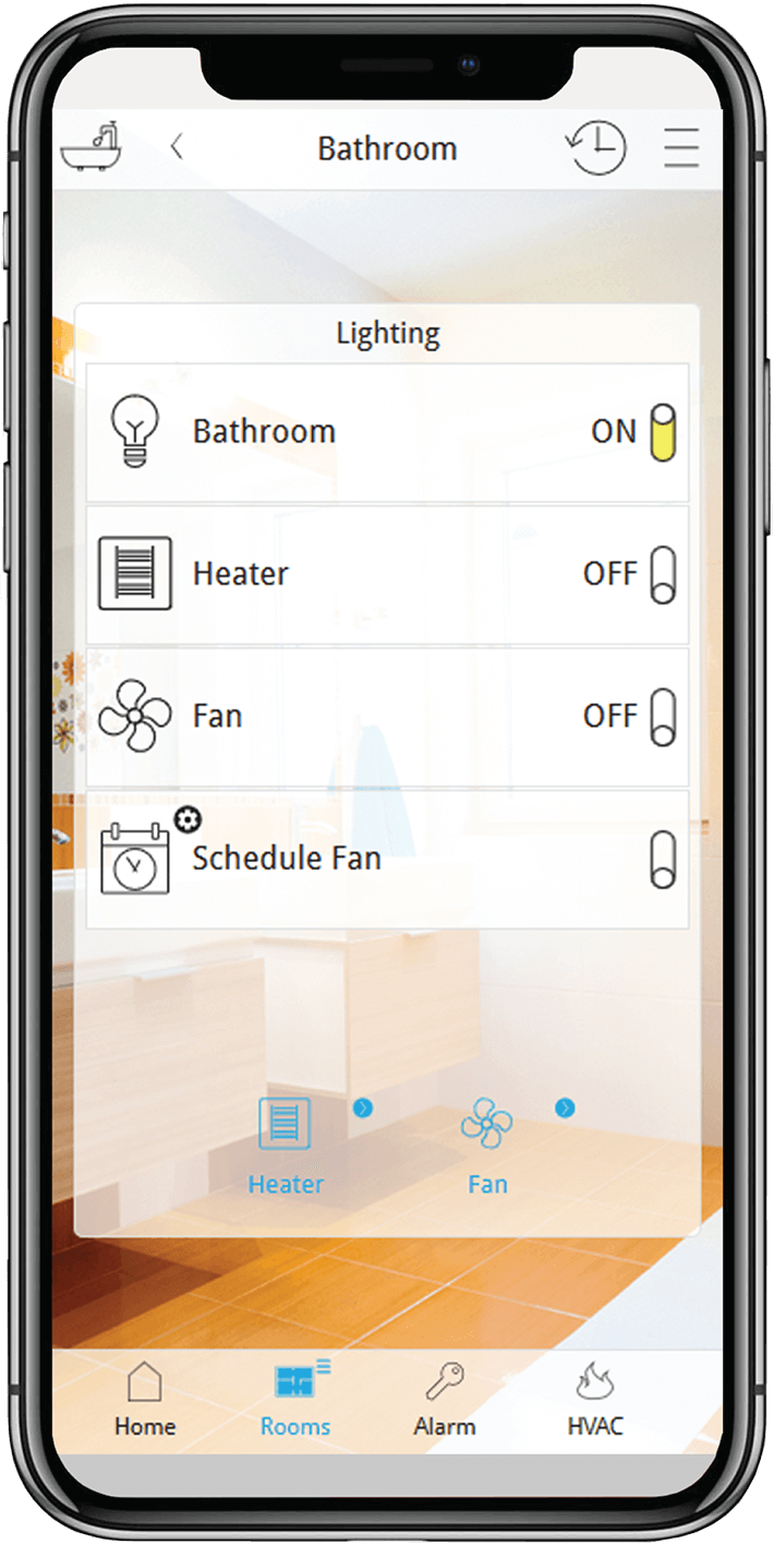 Bathroom lights, heater and fan on smart phone app