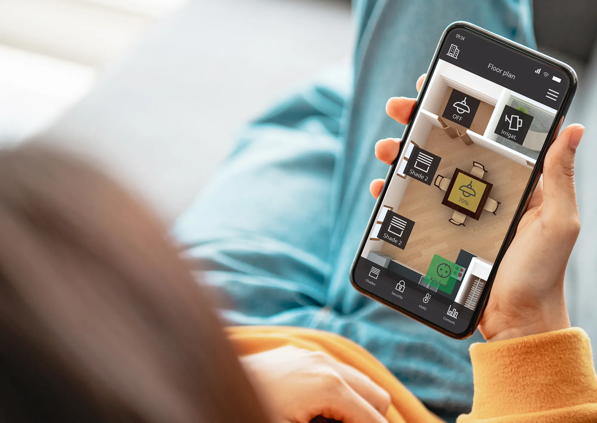 Smart home visualization on phone holding in hands