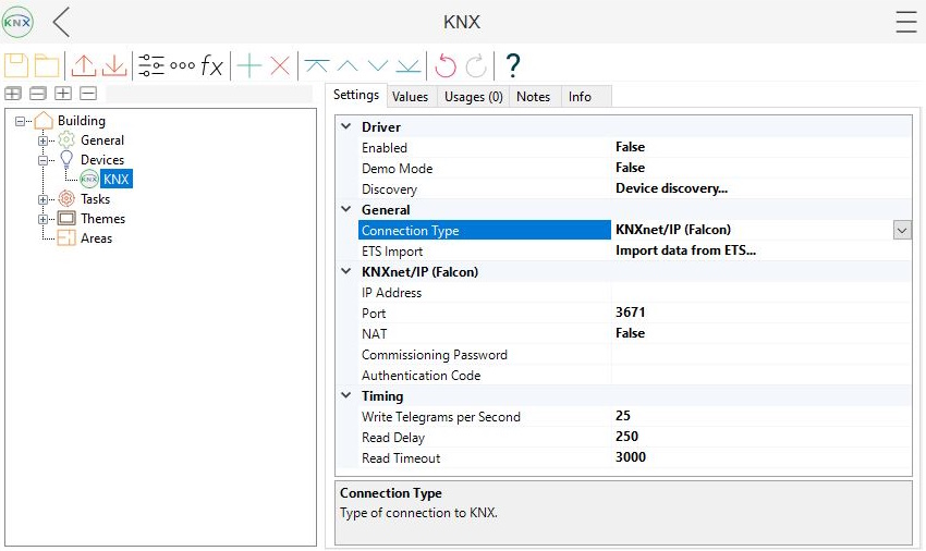 Step 1 screenshot: connect to KNX