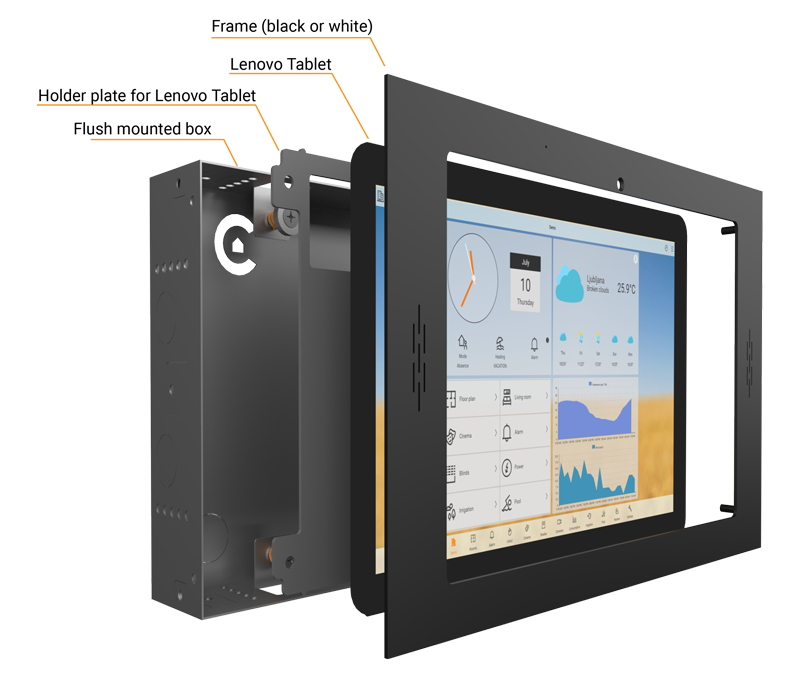 Exploded view of the Bobcat flush-mount box, tablet and metal frame