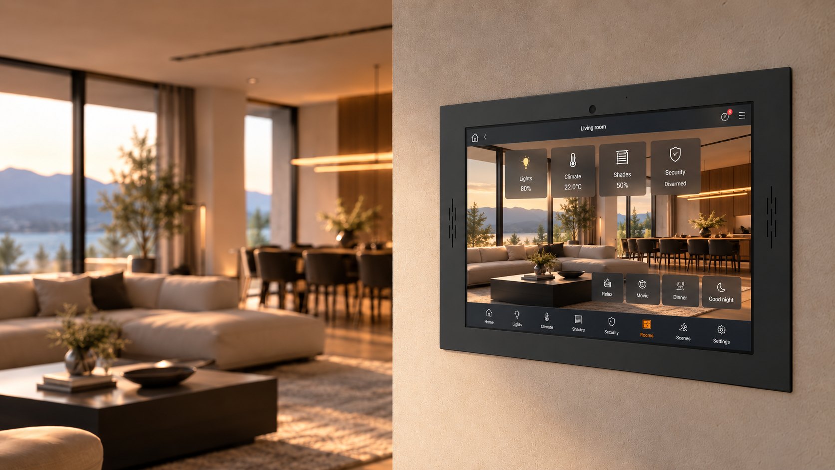 Black Bobcat wall panel controlling lights, climate, shades and security in a living room