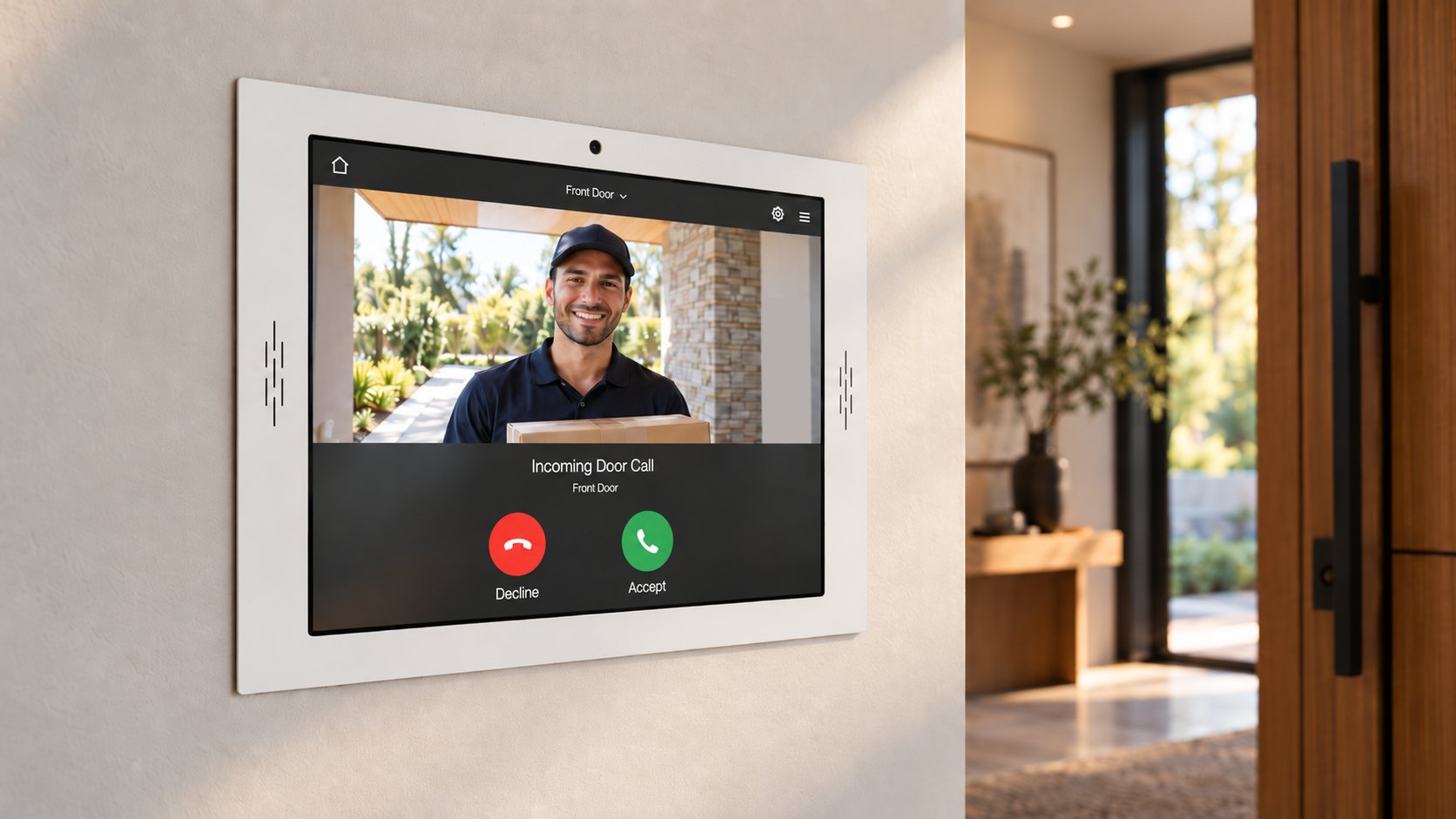 White Bobcat panel showing an incoming SIP door call with a video preview of a courier
